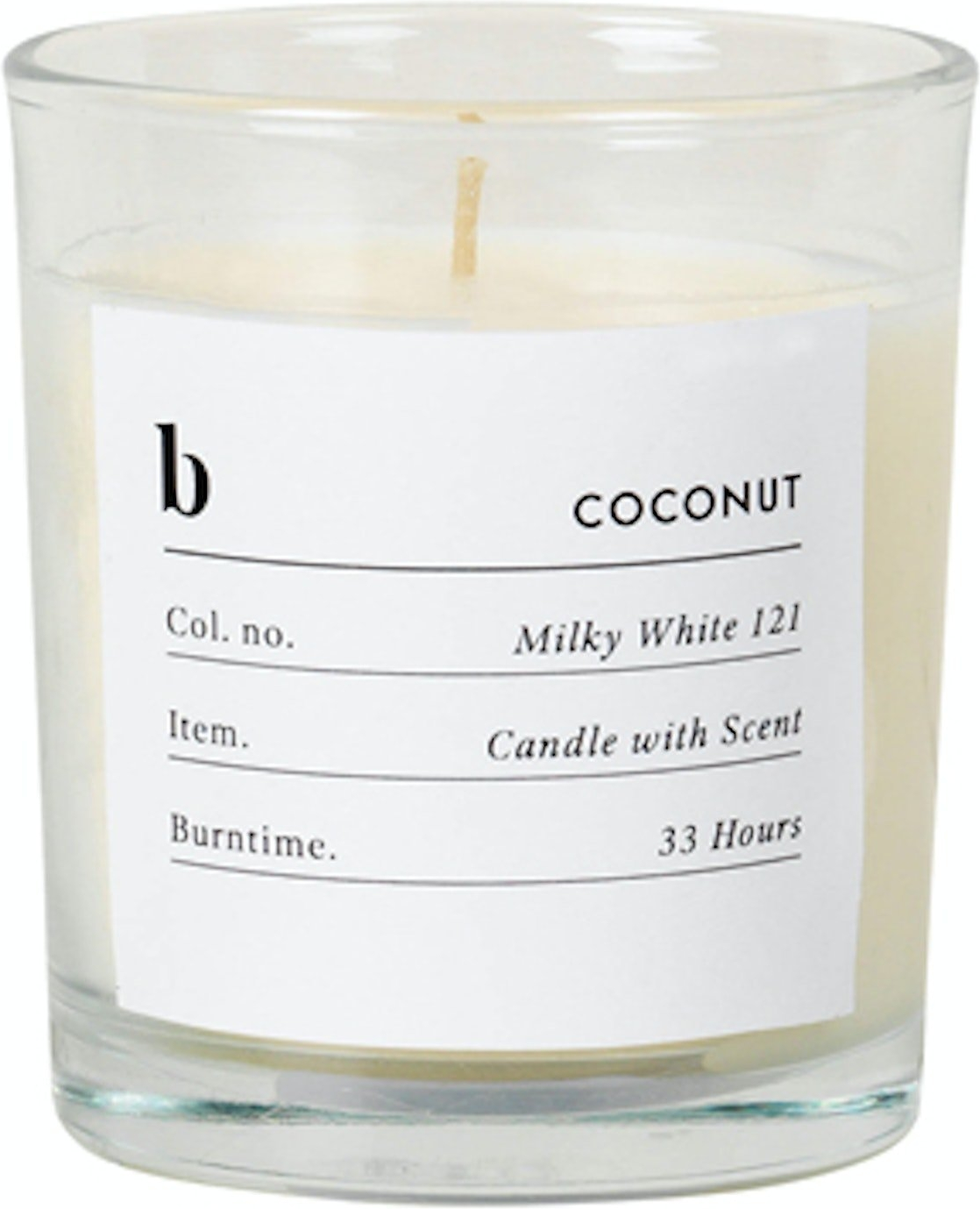 Duftlys Broste Copenhagen Coconut glas Ø7,4 x H8,3 cm 32 timers brændetid paraffinvoks klar hvid