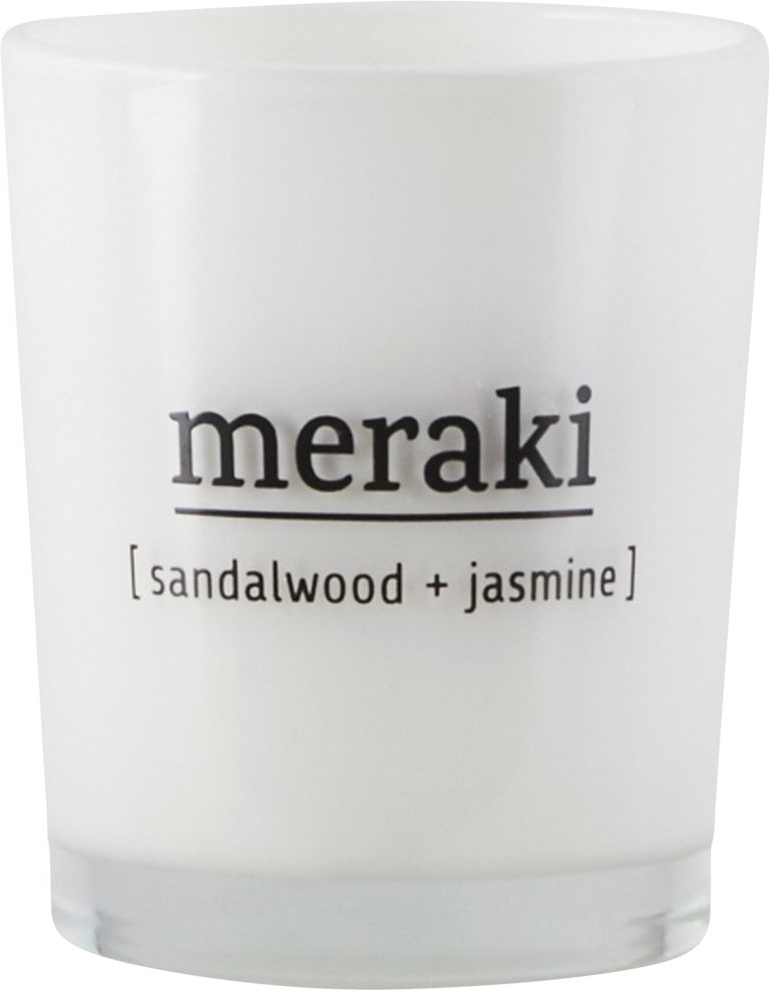 Duftlys Meraki Sandalwood & Jasmine  -  sojavoks i hvidt glas Ø5,5 x H6,7 cm, brændetid 12 timer