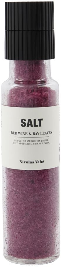 Gourmet salt med keramisk kværn Nicolas Vahé Salt  -  Red Wine & Bay Leaves, glas Ø5Ã23 cm