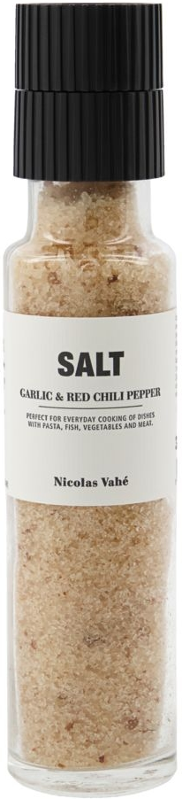 Salt med kværn Nicolas Vahé Salt  -  Garlic & Red Chilli Pepper havsaltblanding, sort/orange glas Ø5 x H23 cm