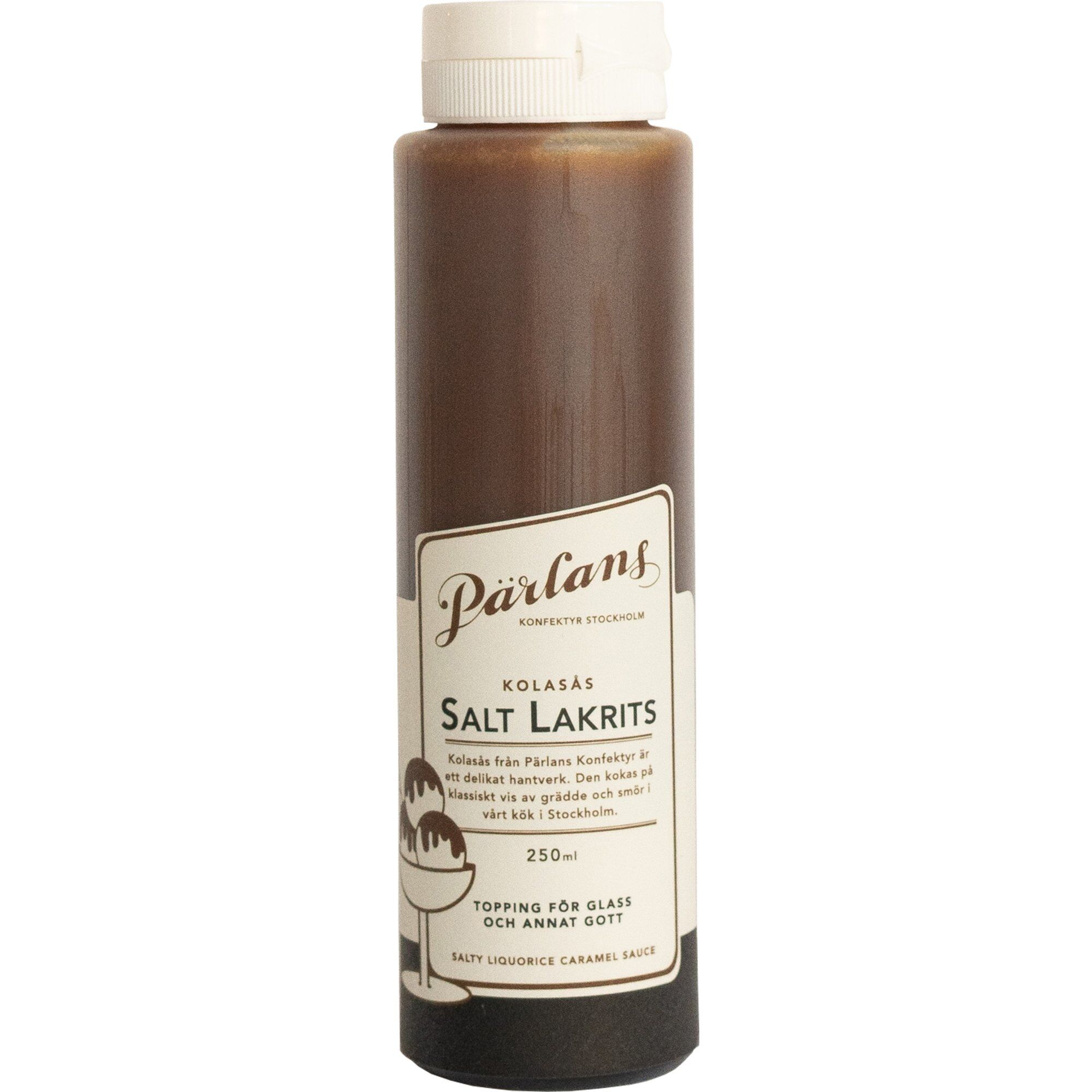 Pärlans Squeeze karamelsauce, 250 ml, saltlakrids